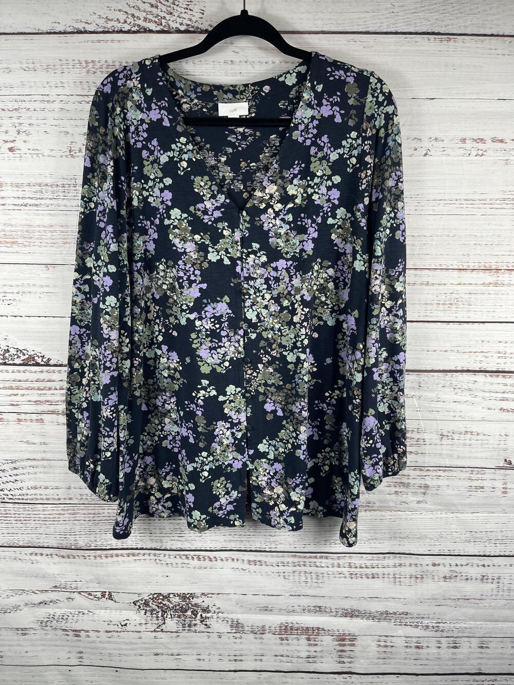 J Jill Shirt Women's Petite Large Navy Floral Button Front Tunic Top Long Sleeve